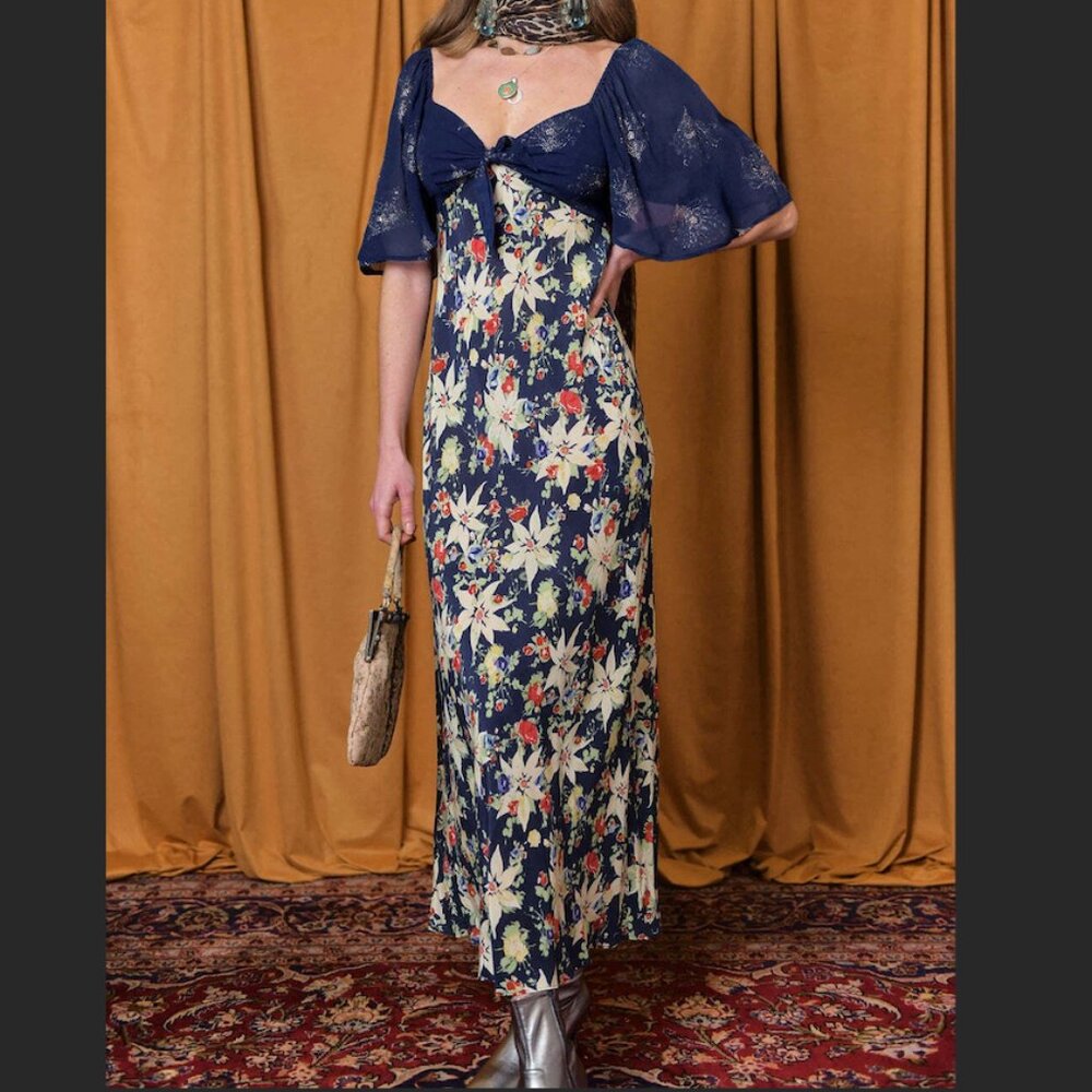 RIXO Navy Floral Midi Dress with Cream and Red Accents